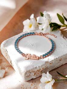 Customized Gothic Style Personalized English Name Blue Zirconia Inlaid Bracelet, Mother's Day Gift, Valentine's Day Gift, Birthday, Anniversary, Friend, Graduation, Christmas, High-End Family Gift - Style 1 - View 9