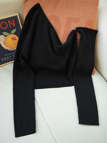 Sexy Asymmetric Off-Shoulder Long Sleeve Knit Top For Women, Slim Fit Crop Top, Spring & Autumn Wear - Black - View 6