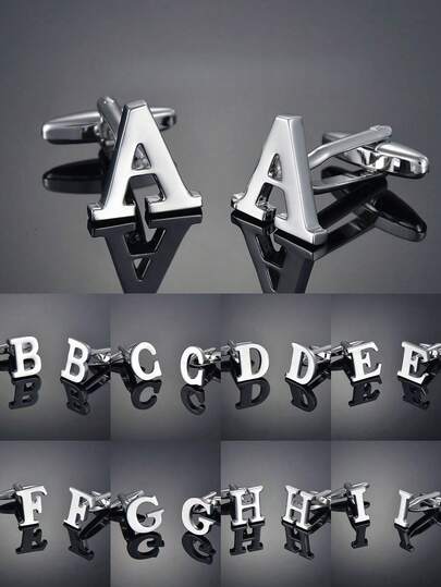 1对A-Z 26字母不锈钢袖扣，时尚法式男士袖扣，适合婚礼、生日、商务、日常佩戴，金色、银色，跨境供应金色26字母光滑金属不锈钢袖扣，批发男士法式袖衬衫