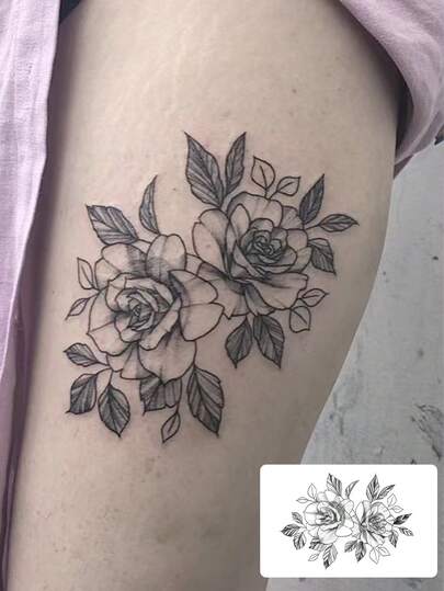 1pc Fashionable Waterproof Vintage Rose Floral Temporary Tattoo, Long-Lasting, Black & White, Suitable For Thigh, Arm, Fake Tattoo Decor