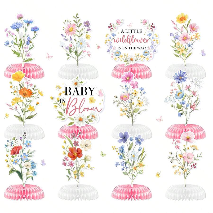 1 Set 12pcs Wild Flower Baby Shower Party Tabletop Decorations, Spring Wildflower Theme Centerpiece Decor For Wedding, Baby Baptism - Multicolor - View 1