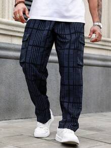 1 pieza Pantalones casuales rectos con cordón y ajuste holgado con estampado para hombres, primavera - Azul - Ver 4