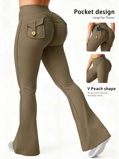 6pecil Pantalones acampanados con bolsillos para mujer, Mallas deportivas ajustadas para mujer que levantan el trasero, Pantalones de yoga, Verde oliva primavera
