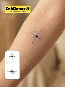 1套“心形星爆”科技纹身贴纸，半永久纹身，临时纹身，持久耐用，仿真纹身，闪耀之爱与指路星系列，防水，逼真纹身效果，植物基 X253 - 黑色 - 查看 2