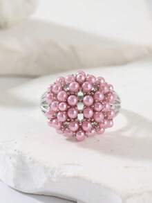 Anel de Pérola Falsa Estilo Vintage, Aliança de Casamento Perfeita e Presente de Aniversário para Mulheres - Rosa chiclete - Visão 5