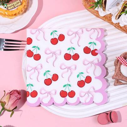 20/40/60 adet, Neşeli Kiraz ve Kurdele Desenli Tek Kullanımlık Kağıt Peçeteler, Canlı Kırmızı Kirazlar ve Pastel Kurdelelerle Süslenmiş, 2 Katlı Pembe Dalgalı Kenarlı Kağıt Mendiller, Kirazlı Kurdele Kokteyl Yemeği Peçetesi, Düğün, Doğum Günü Partisi Masa Malzemeleri İçin Dalgalı Kenarlı Öğle Yemeği Peçetesi 13*13 inç