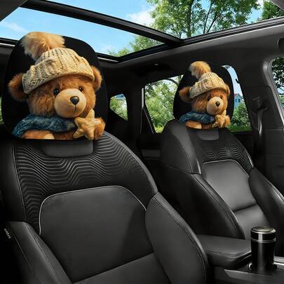 2个泰迪熊汽车头枕套，适合公路旅行和长途驾驶，可爱的毛绒熊设计，不含填充物，安装方便，适用于各种车辆和汽车。