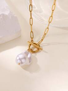 1pc Luxury Baroque Pearl OT Clasp Necklace, 18K Gold Plated Stainless Steel Paperclip Chain Pendant, High-End Design Jewelry, Gift For Commute And Dating - Yellow Gold - View 2