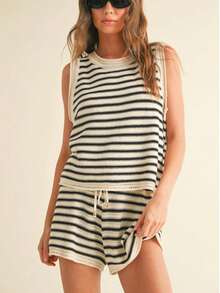Women's Casual Striped Crew Neck Sleeveless Knit Top And Drawstring Waist Knit Shorts Comfortable Hollow Out Set Summer - Apricot - View 3