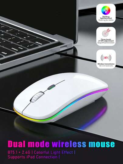 BT+2.4G Dual-Mode Wireless Mouse, Battery-Powered | Colorful Lighting Effects, Ambidextrous, Ultra-Thin Optical Mouse For Computer/Laptop, Portable Wireless USB Receiver (Batteries Not Included)