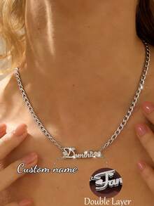 个性化哑光名字心形项链，不锈钢吊坠可定制字母项链，女士生日珠宝礼物 - 雙層磨砂銀色-5NK鏈 - 查看 6