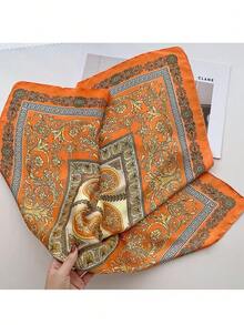 1条方形真丝围巾，女士缎面印花发带，头巾，时尚女士领巾，披肩，围巾，头巾，服装配饰 - 橘色 - 查看 3