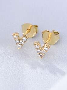 1对S925纯银极简主义立方氧化锆英文字母耳钉，小巧几何设计耳环，女士款 - 金色 - 查看 2