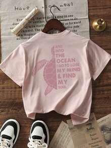 2026 New Arrival Women's Summer New Simple Slogan Print Casual Vacation Loose Fit Round Neck Short Sleeve T-Shirt, Fashionable Everyday Top, Suitable - 粉色 - 查看 4