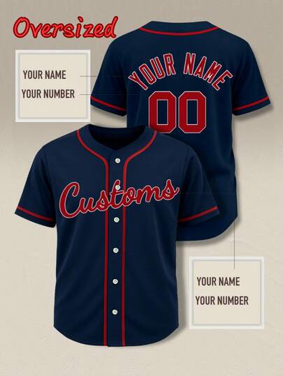 Customizable Men's Navy Blue Baseball Sport Plus Size Shirt, Personalized Name Number, Personalized Team Name, Free Design, Quick Delivery, Suitable For Outdoor Sports, Casual Wear, Parties