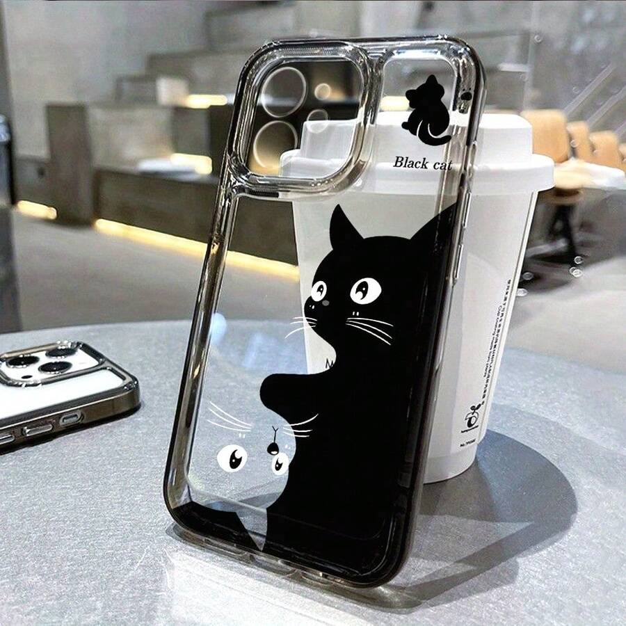 1pc Cute Cartoon Black Cat Space Phone Case, Suitable For IPhone 17 16 15 14 13 12 11 ProMax AIR XS XR X, Transparent Protective Cover - Translucent Black Space Shell Cat - View 1