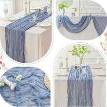 1pc Crinkle Gauze Bohemian Rustic Cheese Cloth Table Runner, Decorative Table Cloth, Suitable For Bridal Shower, Baby Shower, Or Wedding Table Decor - Dusty Blue - View 6