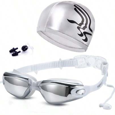 Electroplated Swimming Goggles, Waterproof Anti-Fog Anti-UV Large Frame Swimming Goggles With Nose Clip And Ear Plugs