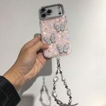 奢华粉色蝴蝶亚克力水钻心形珍珠手机壳，配石手链挂绳，兼容 17 Pro Max/17 Pro/17/16 Pro Max/16/16 Pro/16 Plus/15/15 Pro Max/15 Pro/15 Plus/11/12/13/14 Pro Max/11 Pro/11 Pro Max/12 Pro/12 Pro Max/13 Pro/13 Pro Max/14 Pro/14 Pro Max/14 Plus，亚克力硬壳全包防震创意设计，春季生日派对礼物 - 粉紅色愛心+石頭腕帶 - 查看 9