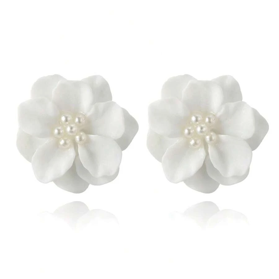 Korean Simple Versatile Exaggerated Camellia Earrings Elegant Fresh Three-Dimensional White Flower Pearl Stud Earrings Korean Style - 5962-vàng - Xem 1