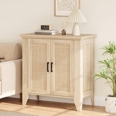 Small Storage Cabinet, Rattan Sideboard Buffet Cabinets,Boho Accent Cabinets With 2 Doors, Wood Credenza Console Cabinet For Entryway, Living Room, Kitchen, Natural Oak