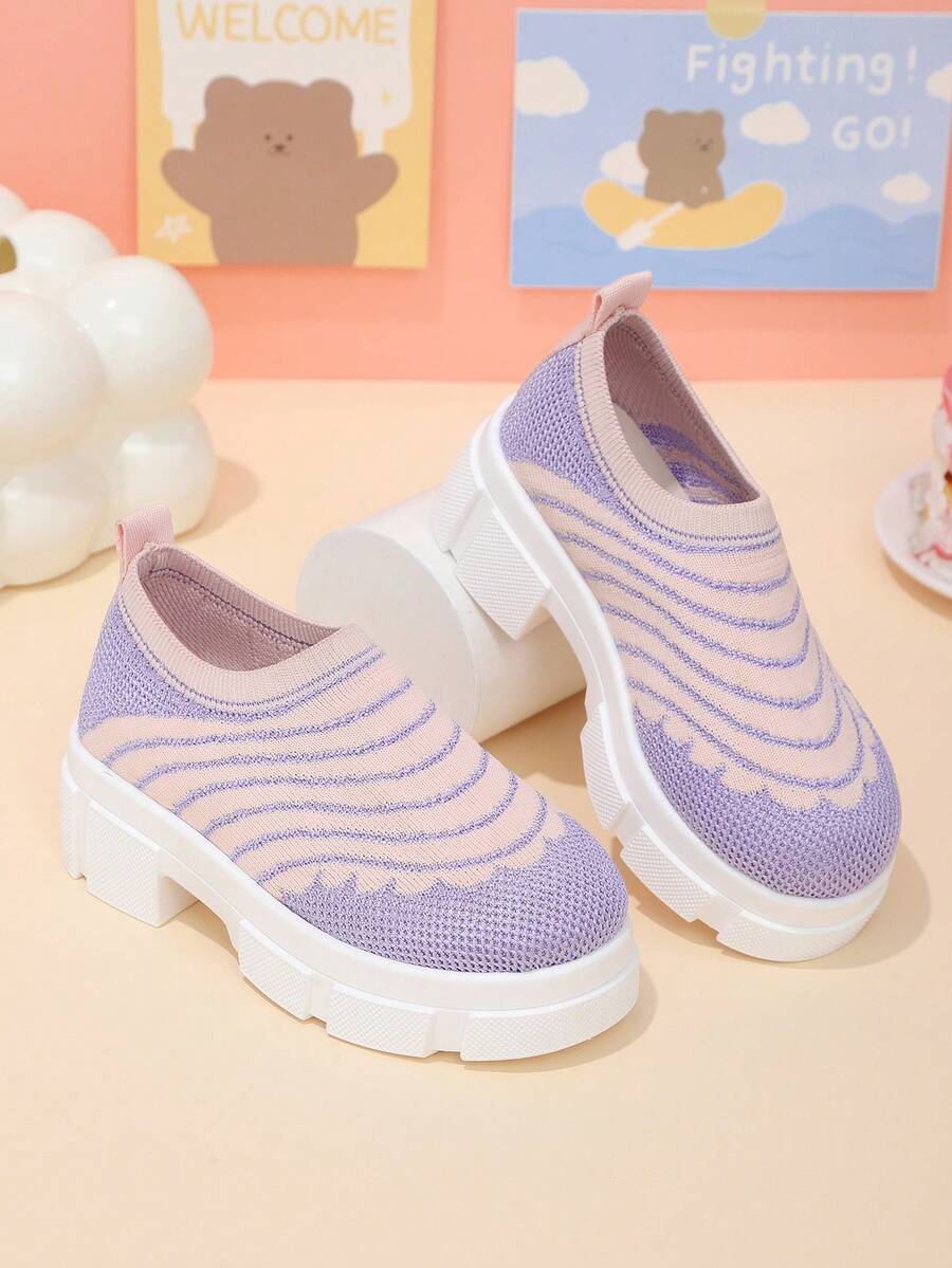 1 Pair Kids' Casual Sneakers, Breathable Elastic Knit Striped Wavy Pattern Fabric, Classic Round Toe Thick Sole Slip-On Design, Fashionable & Cute For Students, Suitable For Daily, Vacation, Campus Wear, Spring/Summer/Autumn - Pink and Purple - View 1