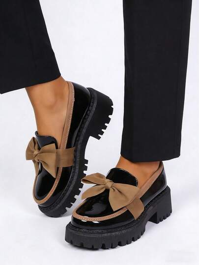 2026 New Black Slip-On Platform Loafers, Solid Color Retro Casual Round Toe Shoes For Spring/Summer, Bow Decor College Style Commuter Low-Top Shoes