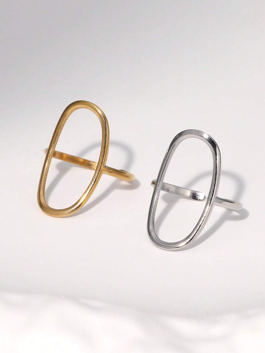 1pc Fashionable Versatile Minimalist INS Exaggerated Design Sense Extremely Simple Elegant Plated Gold Stainless Steel Geometric Elliptical Open Ring, Suitable For Women's Daily, Party, And Date Wear - Multicolor - View 1