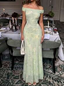 女士优雅浅绿色碎花露肩荷叶边修身连衣裙，时尚无袖夏季连衣裙，浪漫河畔野餐装扮 - 橄欖綠 - 查看 5