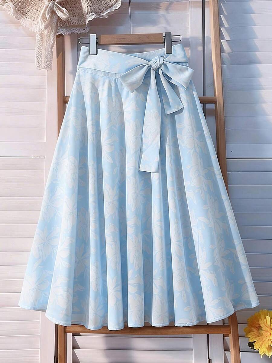 Women's Light Blue A-Line Flare Skirt, Paired With Tie Waist Belt And Floral Pattern, Showcasing Casual Elegant Style - Baby Blue - View 1