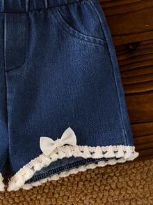 2件套女婴波西米亚风蝴蝶结荷叶边华夫格无袖上衣和流苏蝴蝶结牛仔短裤套装 - 杏色 - 查看 7