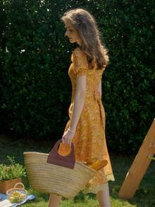 Vestido de cuello cuadrado con estampado floral diminuto de estilo casual de vacaciones - Naranja - Ver 5