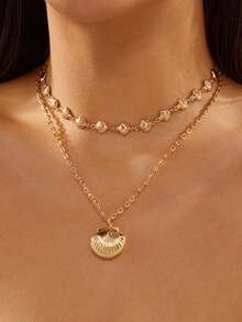 2pcs/Set Ocean Series Double-Layer Shell Pendant Necklace, Suitable For Vacation Wear, Holiday Gift - Gold - View 1