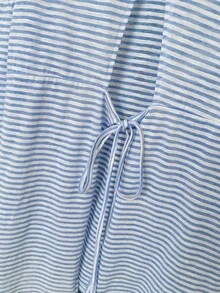 Backless Tie Strap Blue Striped Long Sleeve Casual Loose Thin Blouse - Blue - View 8