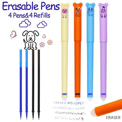 4 pixuri cu gel cu animale drăguțe + 4 rezerve, pix ștergător inspirat de 0,5 mm, cerneală albastră sau neagră la alegere, mânere lavabile, excelent pentru studenți, scriere zilnică, rechizite de birou populare printre studenți, papetărie școlară