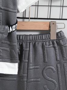 2pcs/Set Boys' Casual Outdoor Fashion Contrast Color Hooded Short Sleeve Top And Shorts With Pouch, Spring/Summer - Dark Grey - View 8