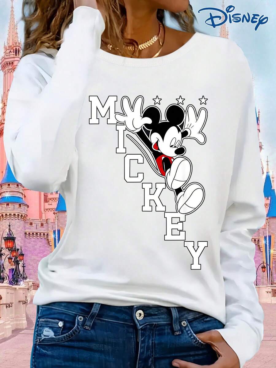 Disney - A Women's Long-Sleeved T-Shirt, IP Licensed, Mickey Mouse Image Print Long-Sleeved T-Shirt, Round Neck, Slightly Stretchy, Non-Transparent, Easy-Care Material, Suitable For Everyday Wear.Made From Soft, Comfortable, And Durable Pure Cotton, This Is An Ideal Choice For Spring And Summer. This Crew Neck T-Shirt Is Suitable For Various Occasions, Including Everyday Wear, Shopping, Parties, Travel, And Gatherings, And Also Makes A Thoughtful Gift. - White - View 1