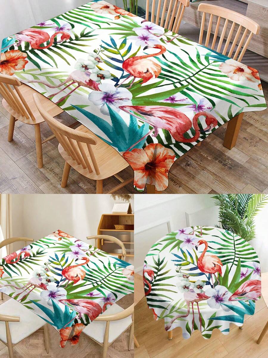 1pc Tropical Floral Flamingo Pattern Tablecloth, Modern Polyester Rectangular/Round Waterproof Tablecloth, Digital Printing Suitable For Living Room, Outdoor Dining Table, Small Round Table - Multicolor - View 1