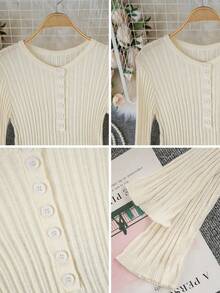 甜美修身V领针织开衫，优雅春夏外套 - 杏色 - 查看 8