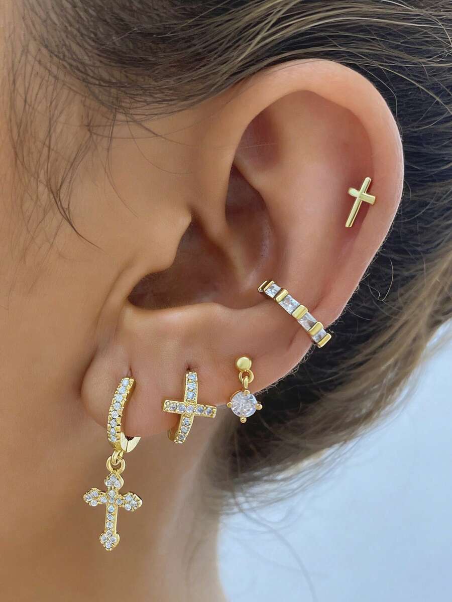 Bộ 5 bông tai hình thánh giá mạ vàng 24K đính đá Cubic Zirconia may mắn dành cho nữ, kiểu dáng khuyên tai tròn đính đá Zirconia, kiểu dáng bông tai đính đá hoặc kiểu xếp lớp. - 5 cái/bộ - Xem 1