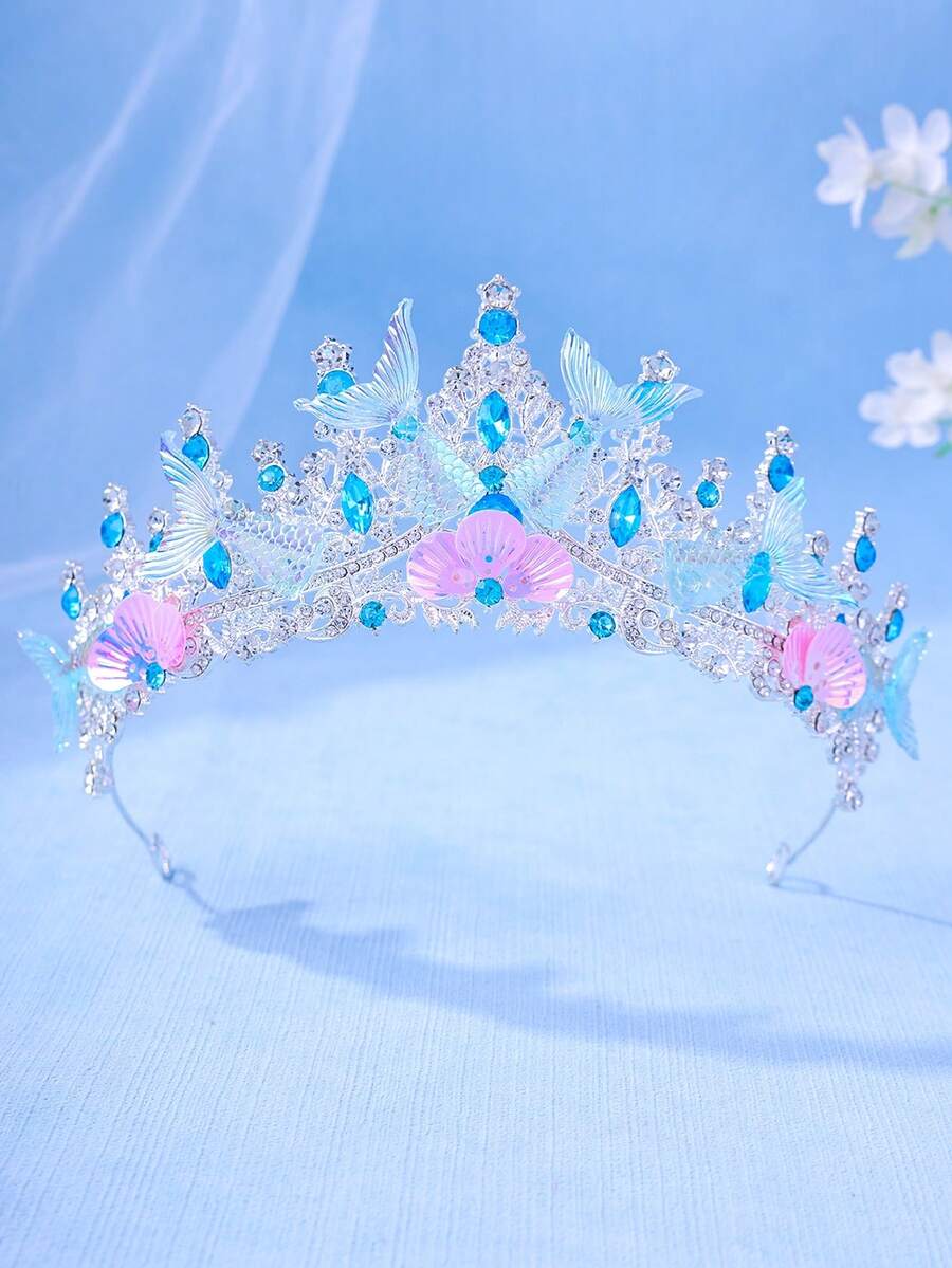 1件套优雅水晶公主皇冠，海星，贝壳，美人鱼尾巴发箍，表演/生日礼物发箍 - 淺藍色 - 查看 1