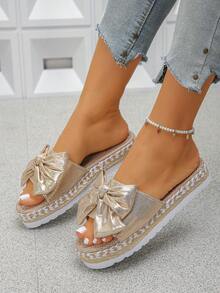 Women's Summer Vacation Bohemian Style Platform Slippers - Champagne - View 4