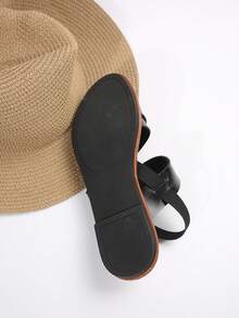 男女通用青少年平底凉鞋，罗马风夏季新款弹力带套脚休闲鞋，百搭沙滩度假凉鞋 - 黑色 - 查看 7