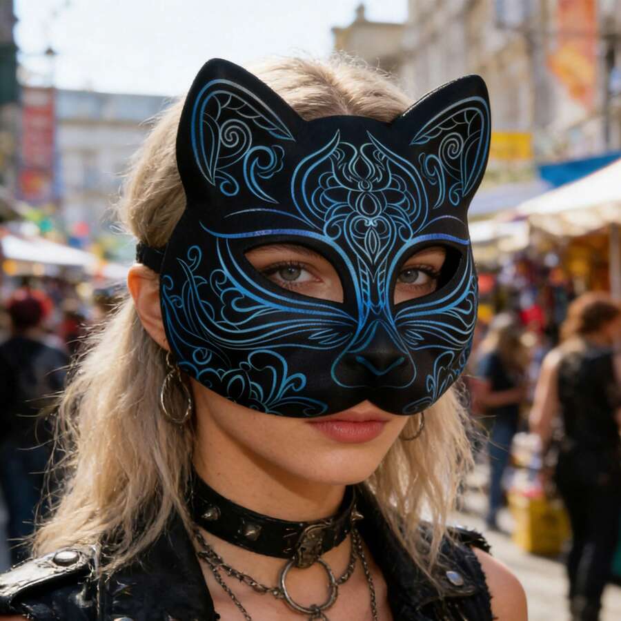 Máscara suave impresa en 3D, adecuada para Halloween, carnaval, festival de música, baile de máscaras - Máscara de gato - Negro - Ver 1