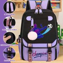 Carton Football Champion Print Backpack,Large Capacity Backpack, Polyester Travel Bag With Zip Closure, Fashionable Schoolgirl Style For Middle And High School Students, Cute Princess Design,Back To School Supplie Essentials Office Supplies - Multicolor - View 8