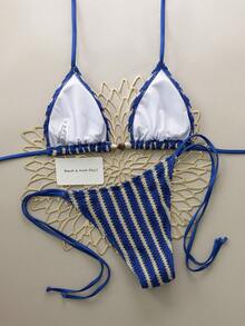 女士性感V领条纹比基尼套装，珍珠系带设计，侧系带泳裤，适合海滩度假 - 彩色 - 查看 2