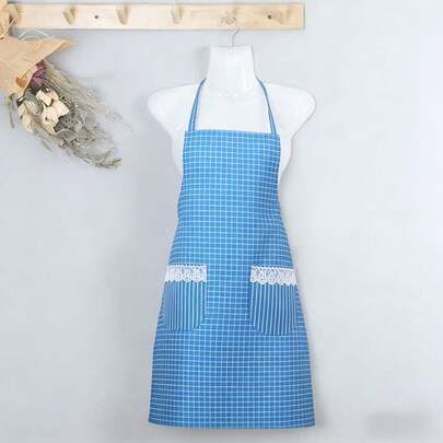 1pc/Adjustable Solid Color Plaid Lace Trim Apron, Unisex, Minimalist Style, With Pocket, Suitable For Chefs, Waiters, Kitchen Cooking, Barbecue, Hairstylists, Practical Kitchen Tool, Machine Washable (Blue Plaid), Great Gift For Holidays