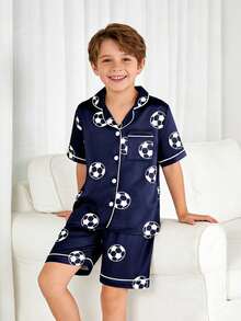 2pcs Tween Boy Blue Soccer Short Sleeve Shorts Pajama Set - Multicolor - View 4