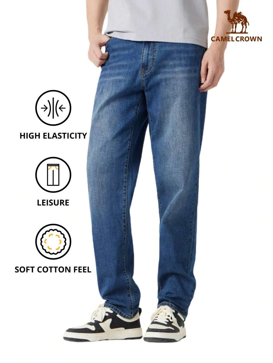 CAMEL CROWN Men's Retro Washed Straight Leg Jeans, Spring/Summer Cotton Lightweight Denim Pants - Dark Blue - View 1