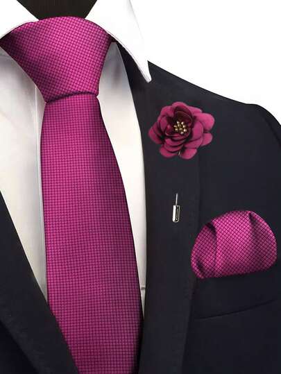 ZONFAZ 3pcs Men's Versatile Set: Dusty Rose Tie, Plaid Pocket Square, Floral Lapel Pin. Soft & Lightweight, Suitable For Weddings, Celebrations, Parties. Best Neckwear Accessory Combination For Men